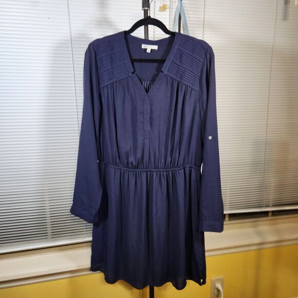 DR2 $65 Large Navy Long Sleeve V-neck Pleated Shoulder Mini Dress w/ Pockets - Picture 1 of 10